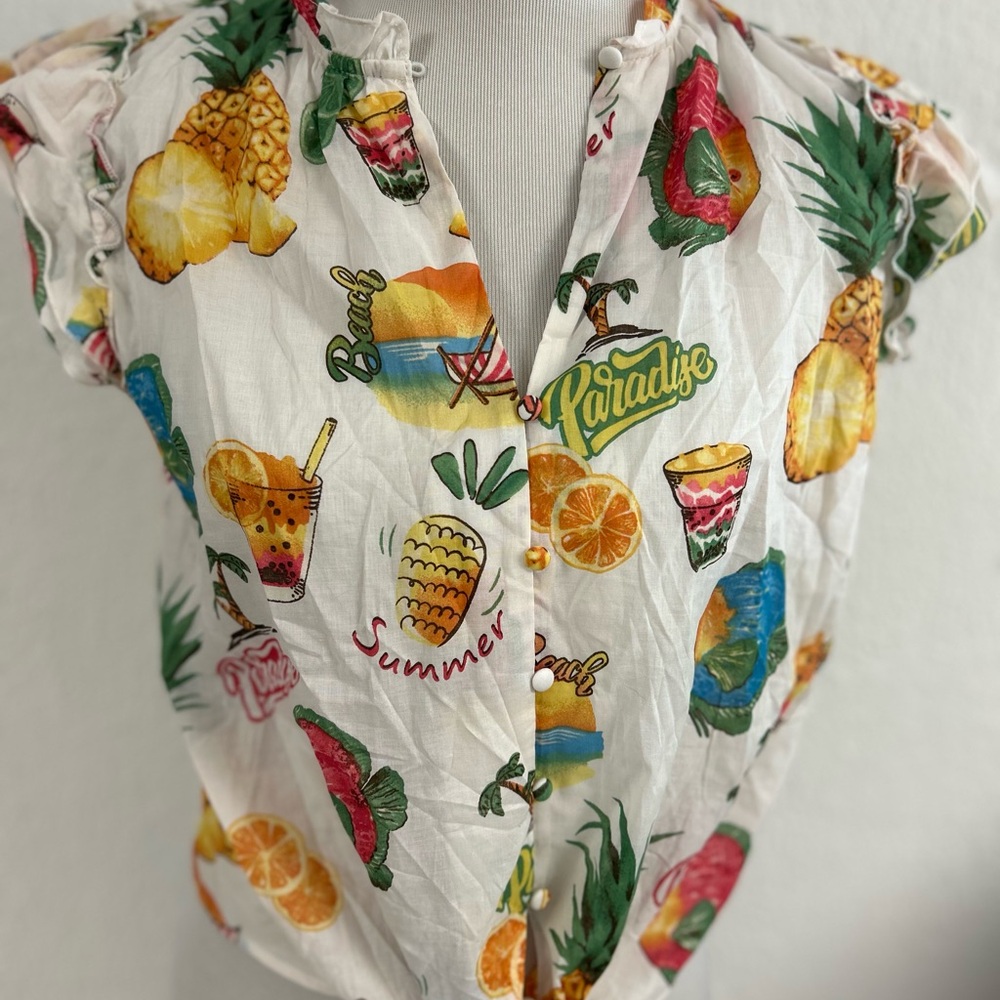 Haver & Blair cotton Tropical Fruit Print Tie-Front Blouse short sleeve Small - Picture 2 of 7